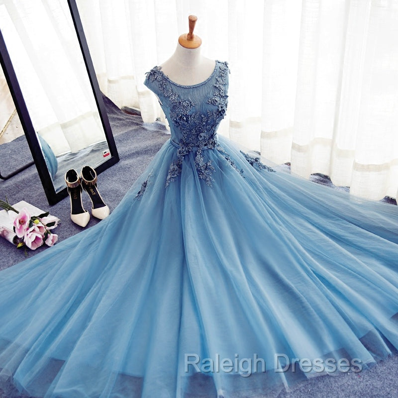 Blue Round Neckline Long Applique Elegant Senior Formal Dress, Long Party Gowns