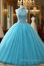 Blue Rulle Lace Appliques High Neck Backless Sweet 15 Dress
