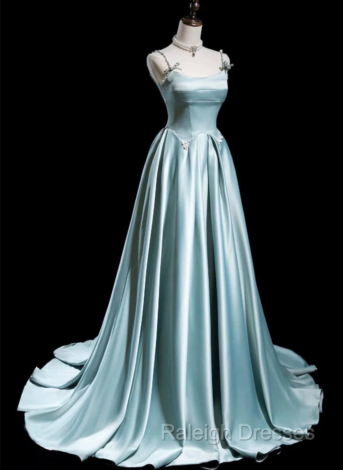 Blue Satin A-line Beaded Long Party Dress Prom Dress, Blue Evening Dress Secondary image