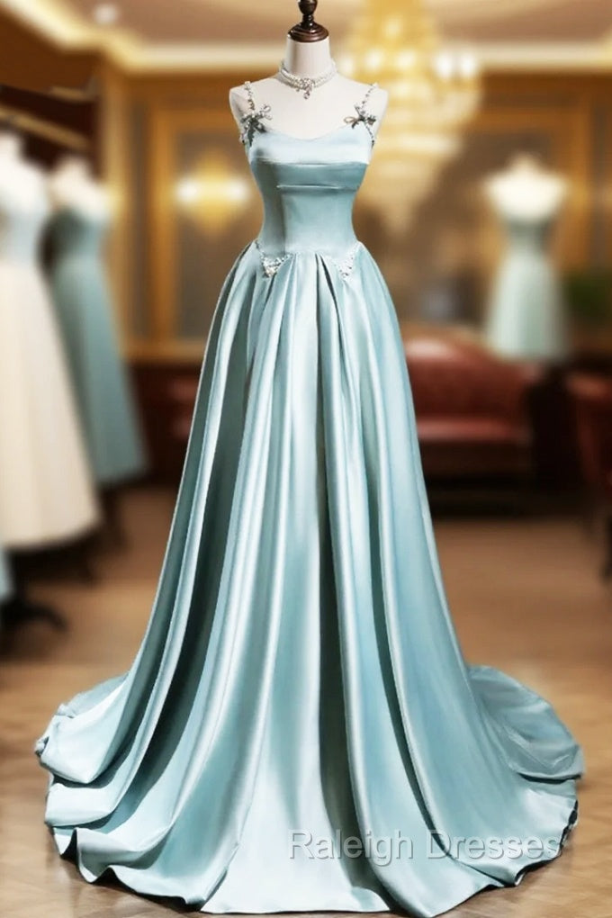 Blue Satin A-line Beaded Long Party Dress Prom Dress, Blue Evening Dress Main image