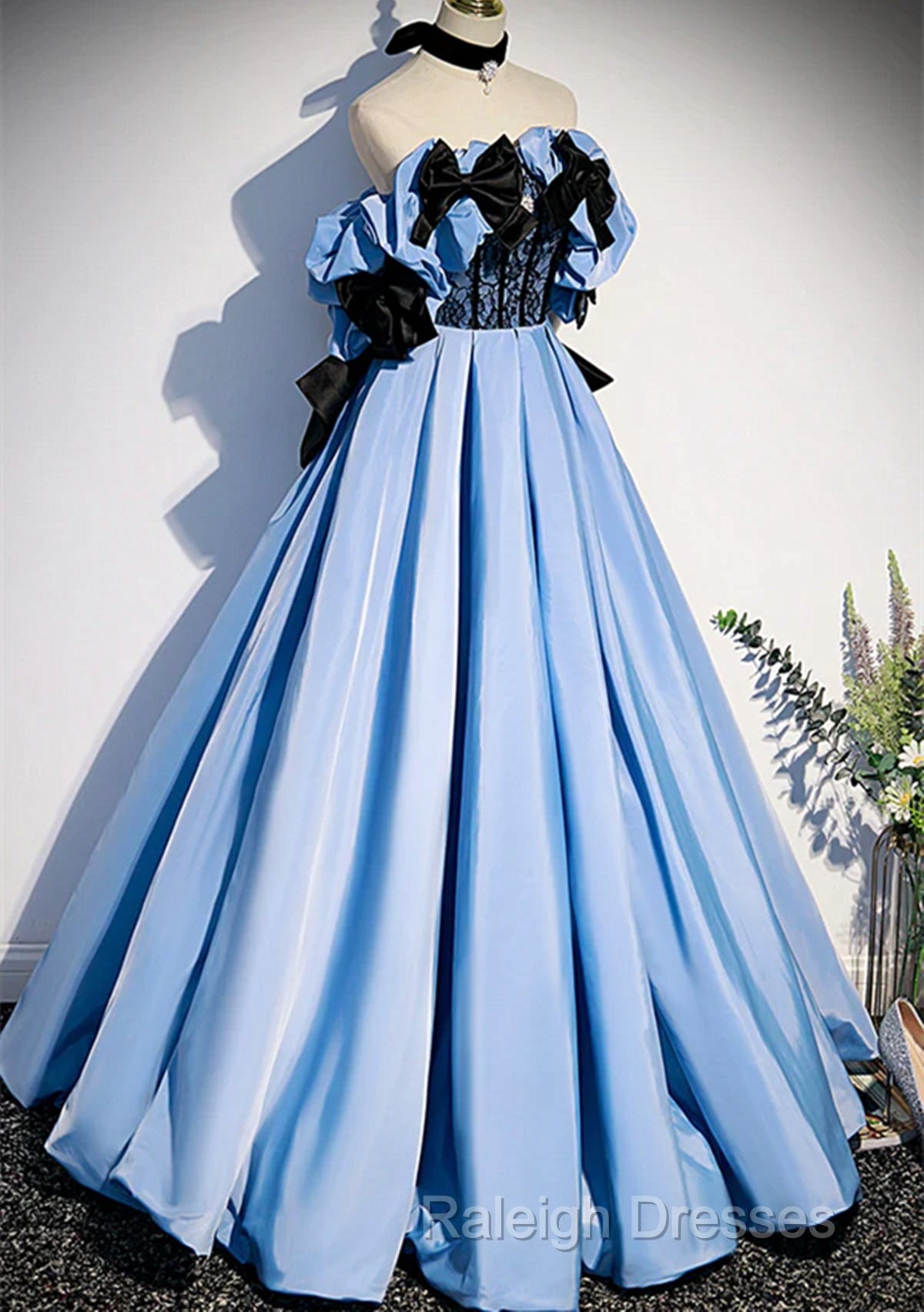 Blue Satin A-Line Long Prom Dress With Black Bow, Off The Shoulder Blue Long Party Dress