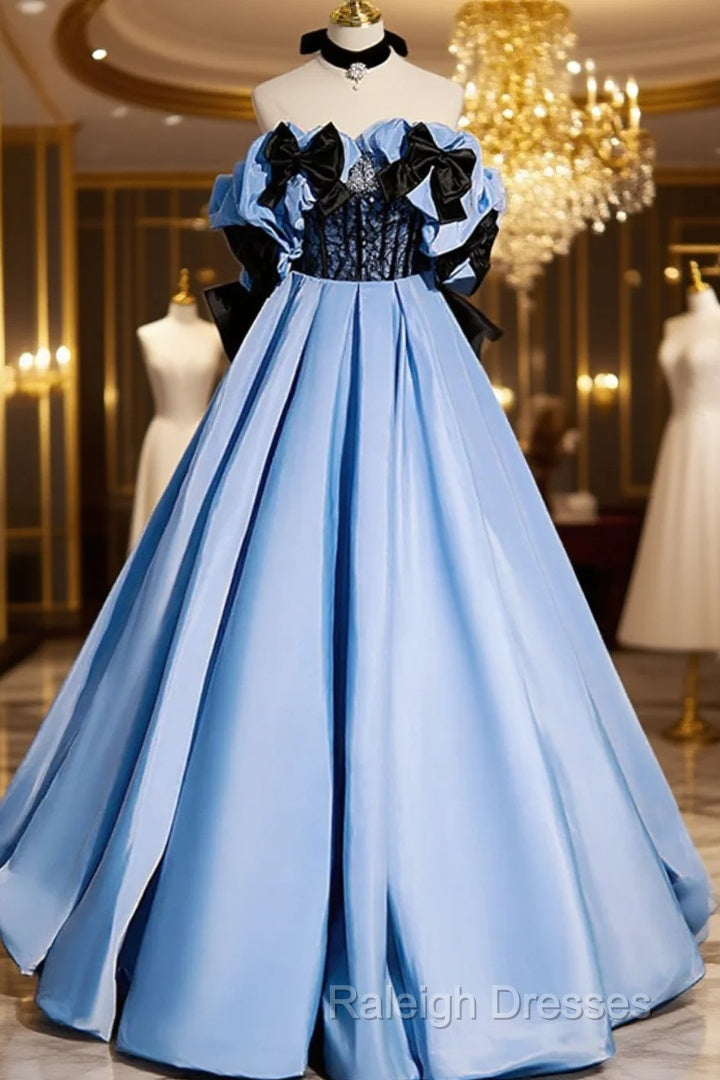 Blue Satin A-Line Long Prom Dress With Black Bow, Off The Shoulder Blue Long Party Dress