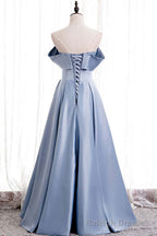 Blue Satin A-line Off-the-Shoulder Beaded Prom Dresses,evening party dress