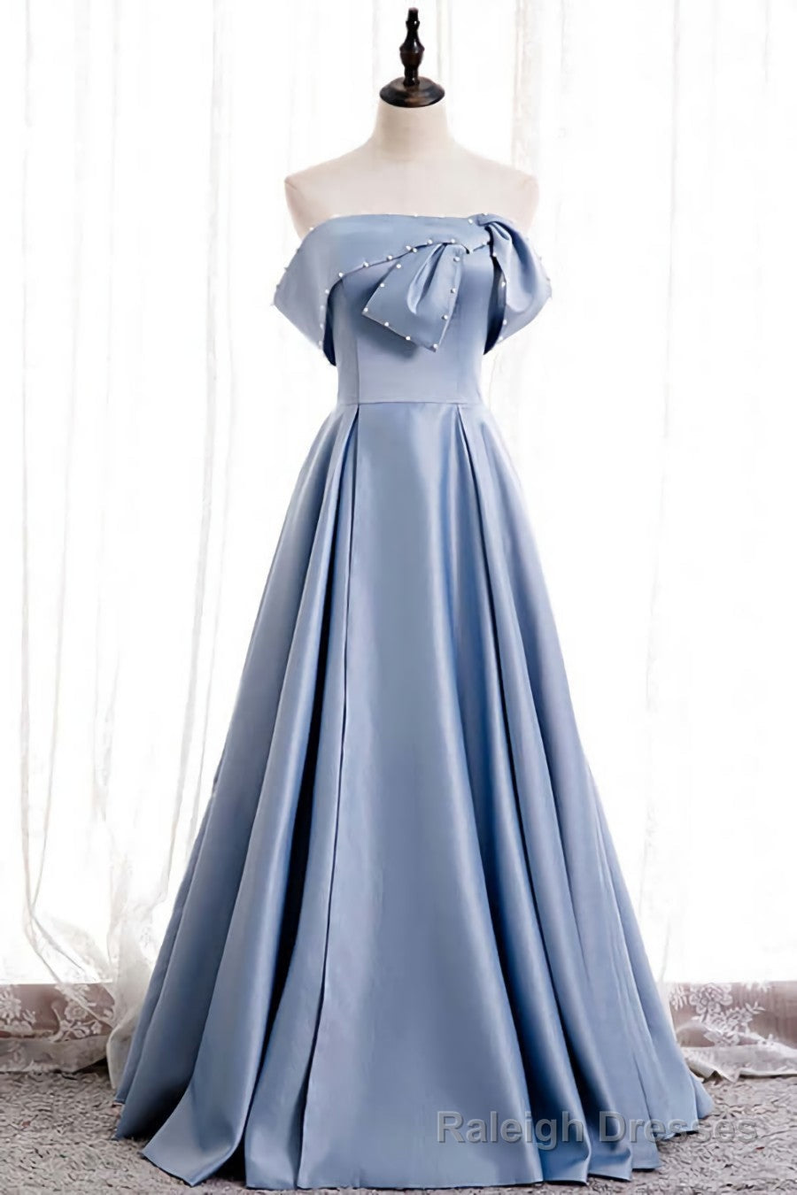 Blue Satin A-line Off-the-Shoulder Beaded Prom Dresses,evening party dress
