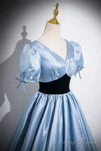 Blue Satin And Black Velvet Long Prom Dresses A-Line V-Neck Short Sleeve Prom Dresses