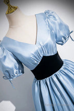 Blue Satin And Black Velvet Long Prom Dresses A-Line V-Neck Short Sleeve Prom Dresses