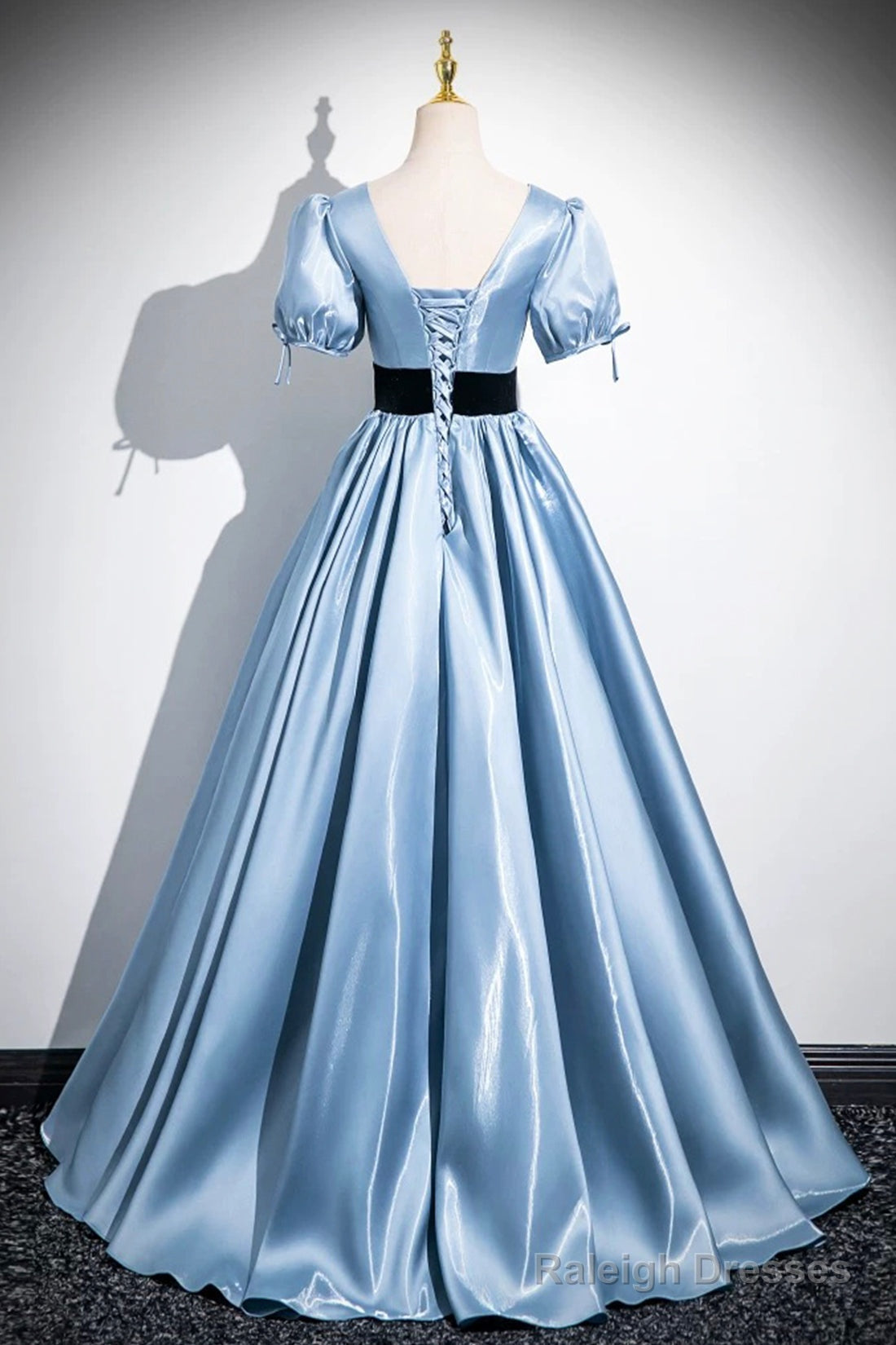 Blue Satin And Black Velvet Long Prom Dresses A-Line V-Neck Short Sleeve Prom Dresses