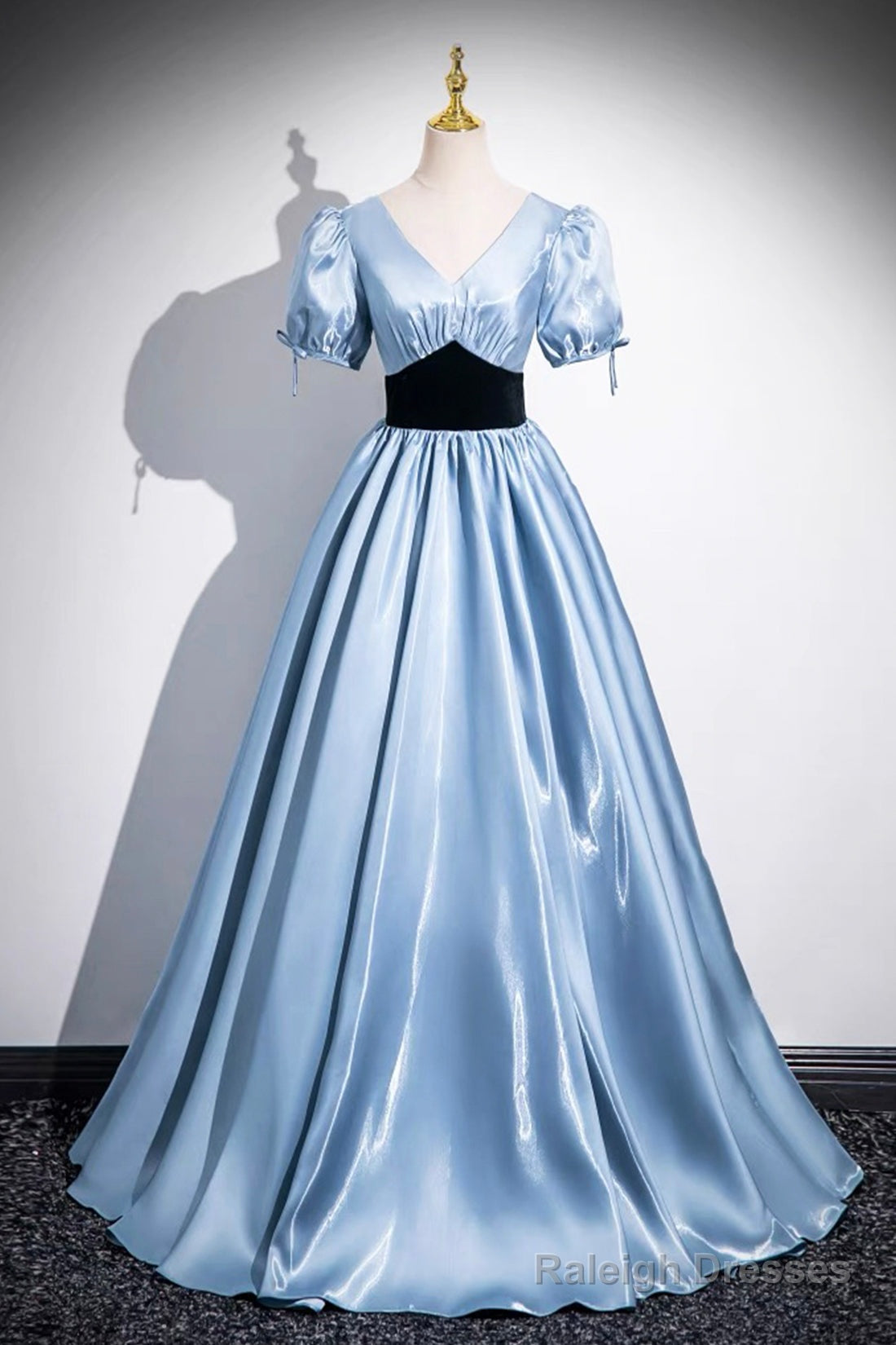 Blue Satin And Black Velvet Long Prom Dresses A-Line V-Neck Short Sleeve Prom Dresses Main image