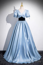 Blue Satin And Black Velvet Long Prom Dresses A-Line V-Neck Short Sleeve Prom Dresses