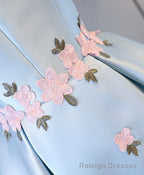 Blue Satin Applique Short Prom Dress, Blue Homecoming Dress