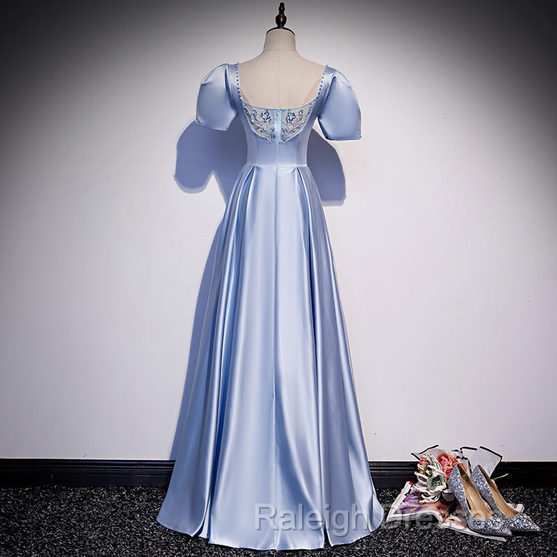 Blue Satin Beaded A-Line Long Party Dress, Blue Prom Party Dresses Formal Dress Secondary image