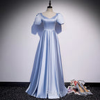 Blue Satin Beaded A-Line Long Party Dress, Blue Prom Party Dresses Formal Dress