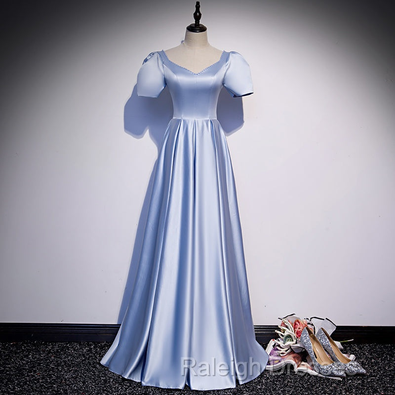 Blue Satin Beaded A-Line Long Party Dress, Blue Prom Party Dresses Formal Dress