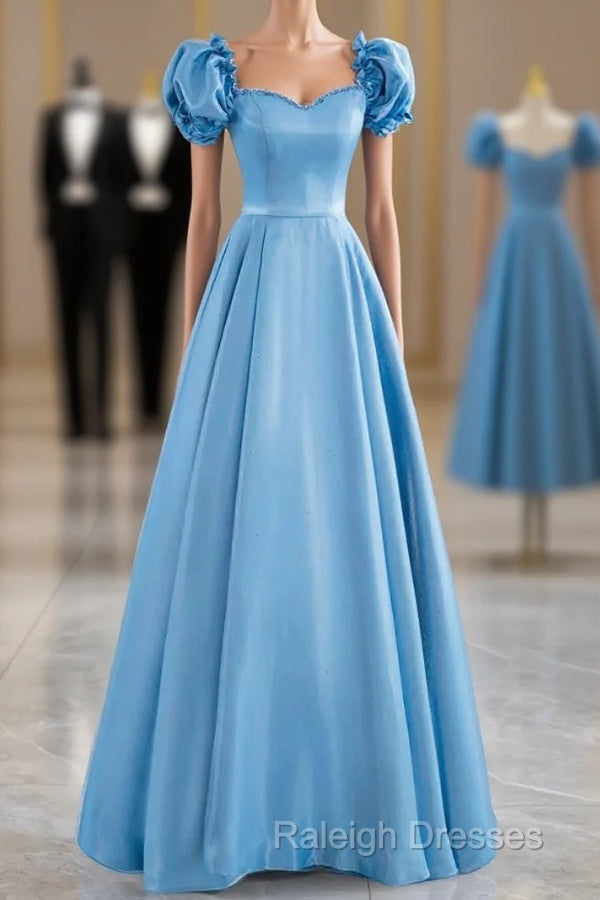 Blue Satin Beaded Floor Length Prom Dress, Blue A-Line Short Sleeve Evening Dress Main image