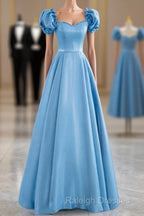 Blue Satin Beaded Floor Length Prom Dress, Blue A-Line Short Sleeve Evening Dress