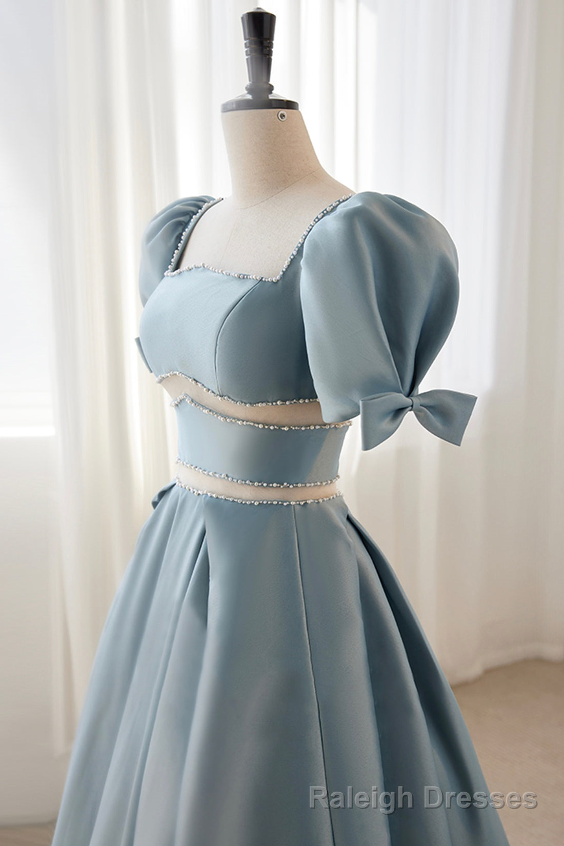 Blue Satin Beaded Long Prom Dress, Blue Short Sleeve Evening Dress Secondary image