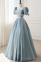 Blue Satin Beaded Long Prom Dress, Blue Short Sleeve Prom Dress