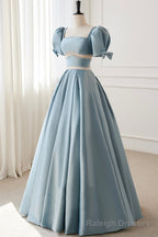 Blue Satin Beaded Long Prom Dress, Blue Short Sleeve Evening Dress