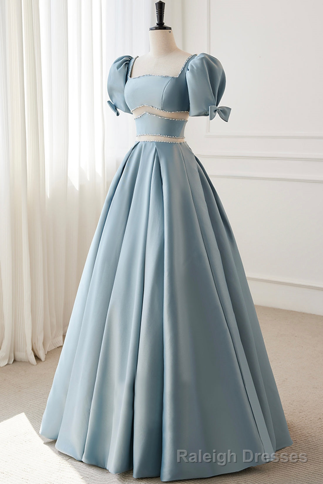 Blue Satin Beaded Long Prom Dress, Blue Short Sleeve Evening Dress