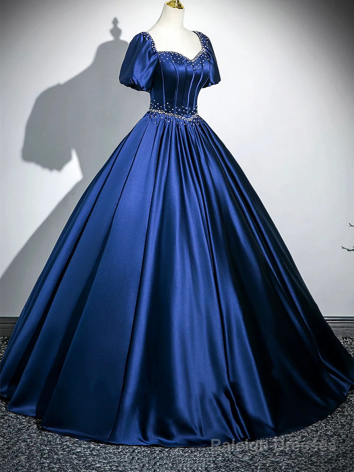 Blue Satin Beaded Short Sleeves Long Prom Dresses Blue Sweetheart Prom Dresses Secondary image