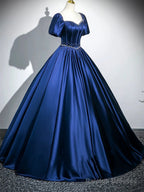Blue Satin Beaded Short Sleeves Long Prom Dresses Blue Sweetheart Prom Dresses