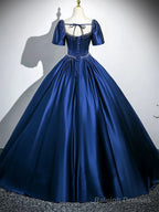 Blue Satin Beaded Short Sleeves Long Formal Dress, Blue Sweetheart Prom Dress