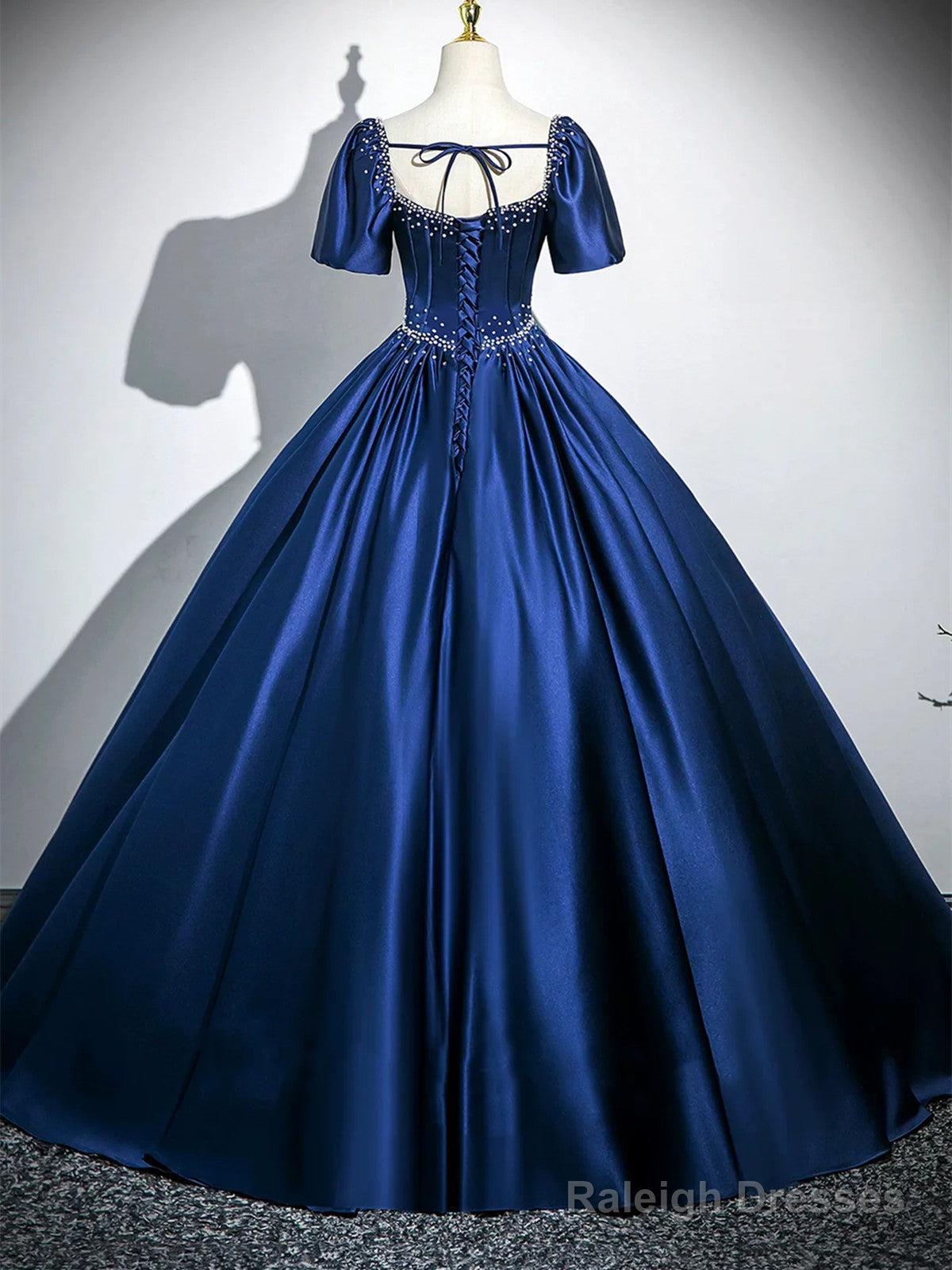 Blue Satin Beaded Short Sleeves Long Prom Dresses Blue Sweetheart Prom Dresses