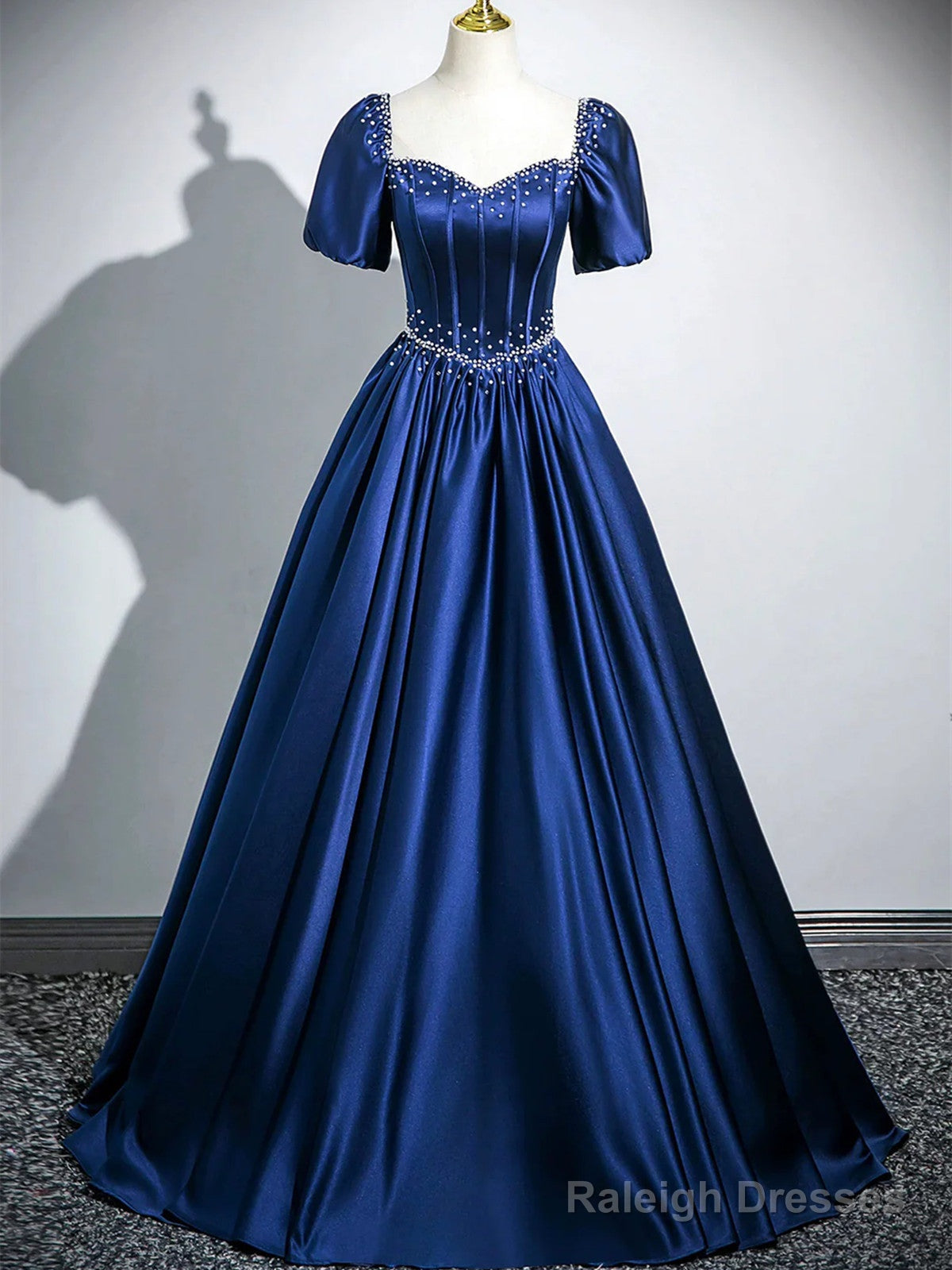 Blue Satin Beaded Short Sleeves Long Prom Dresses Blue Sweetheart Prom Dresses Main image