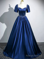 Blue Satin Beaded Short Sleeves Long Prom Dresses Blue Sweetheart Prom Dresses
