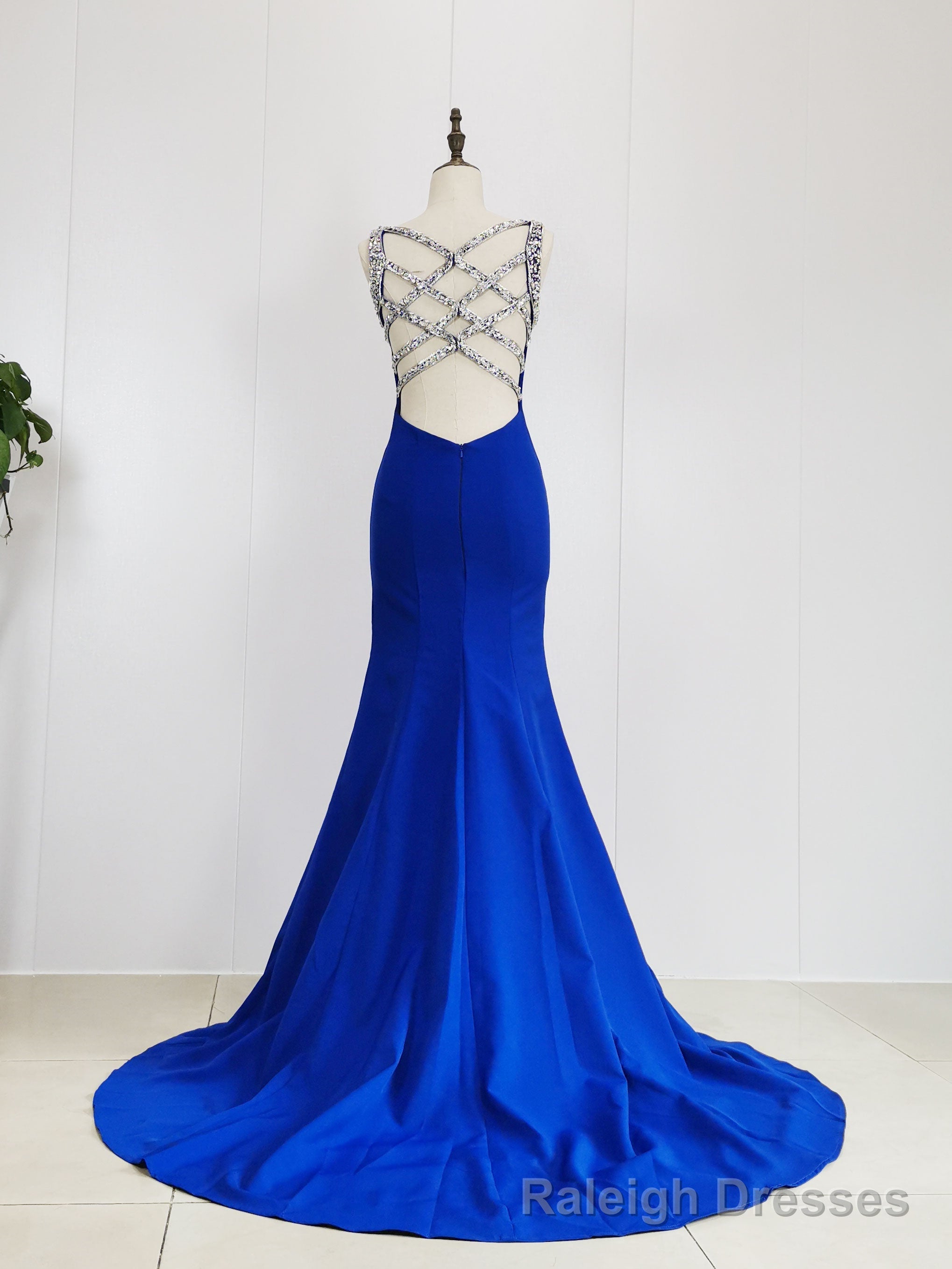 Blue Satin Beads Long Mermaid Prom Dress Blue Formal Dress Secondary image