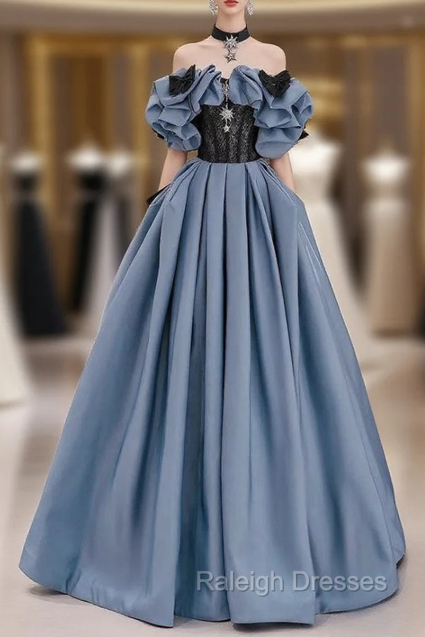 Blue Satin Black Lace Strapless Prom Dress