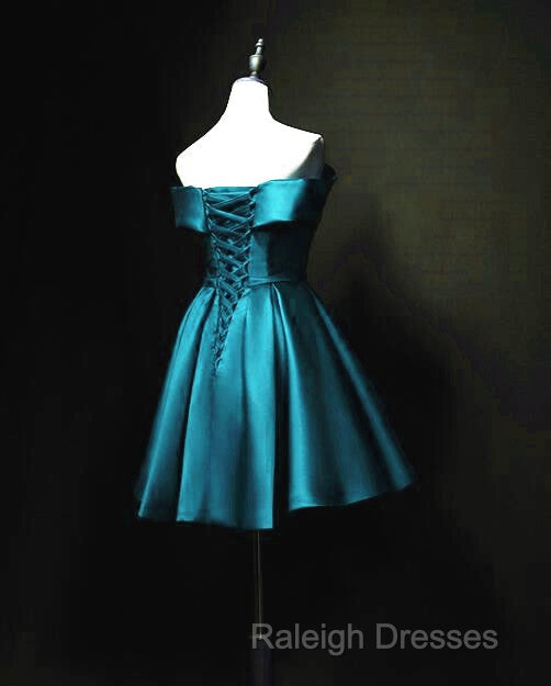 Blue Satin Cute Knee Length Short Prom Dresses Homecoming Dresses Off Shoulder Prom Dresses