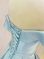 Blue Satin Cute Short Homecoming Dress, Off Shoulder Prom Dress