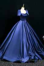 Blue Satin Floor Length Formal Dress, Elegant Off The Shoulder Evening Party Dress