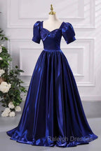 Blue Satin Floor Length Prom Dress, A-Line Short Sleeve Backless Evening Party Dress