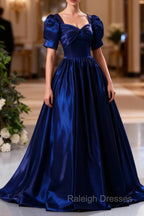 Blue Satin Floor Length Prom Dress, A-Line Short Sleeve Backless Evening Party Dress