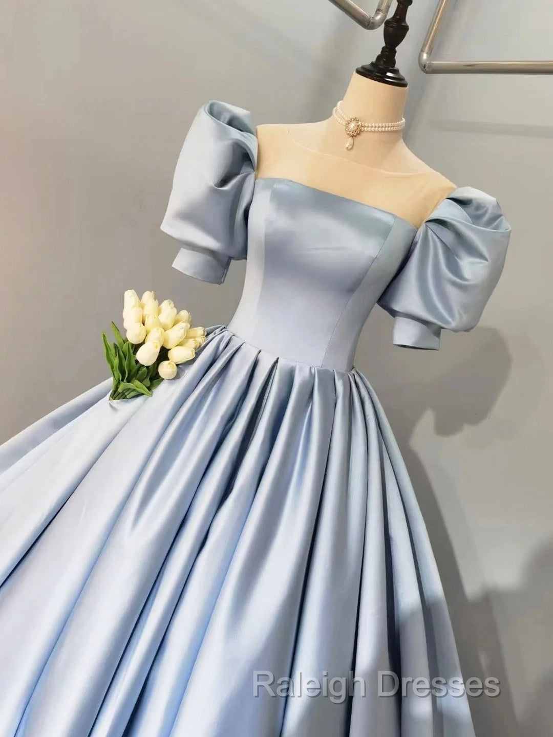 Blue Satin Floor Length Prom Dress, A-Line Short Sleeve Evening Party Dress Secondary image