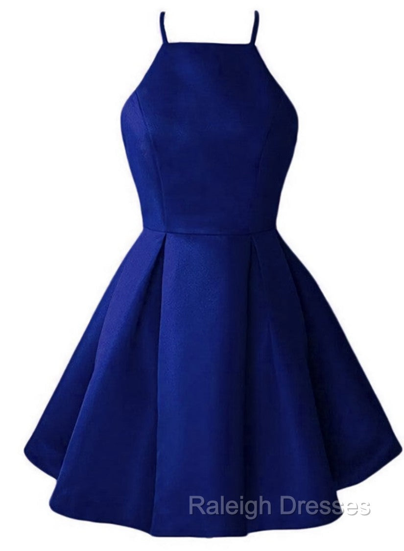 Blue Satin Halter Knee Length Bridesmaid Dress, Royal Blue Homecoming Dress Secondary image