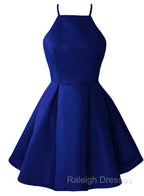 Blue Satin Halter Knee Length Bridesmaid Dresses Royal Blue Homecoming Dresses