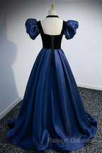 Blue Satin Lace Long Prom Dresses Blue Short Sleeve Prom Dresses