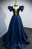 Blue Satin Lace Long Prom Dress, Blue Short Sleeve Evening Party Dress