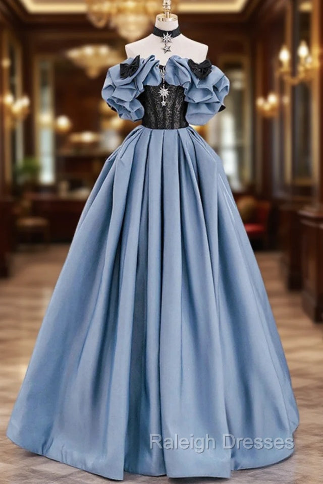 Blue Satin Lace Long Prom Dress, Off Shoulder Evening Party Dress