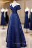 Blue Satin Long A Line Formal Dress Prom Dress, Off Shoulder Blue Prom Dress