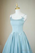 Blue Satin Long A-Line Prom Dress, Beautiful Spaghetti Straps Evening Dress