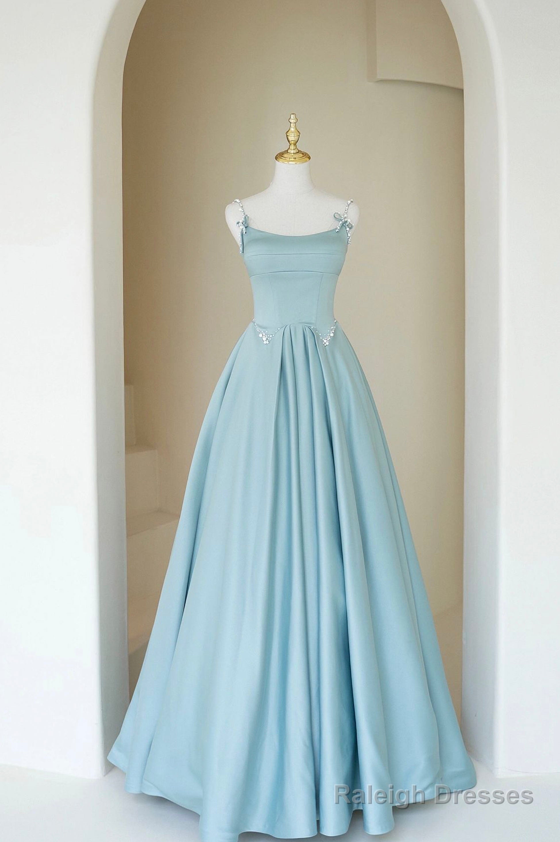 Blue Satin Long A-Line Prom Dress, Beautiful Spaghetti Straps Evening Dress Main image