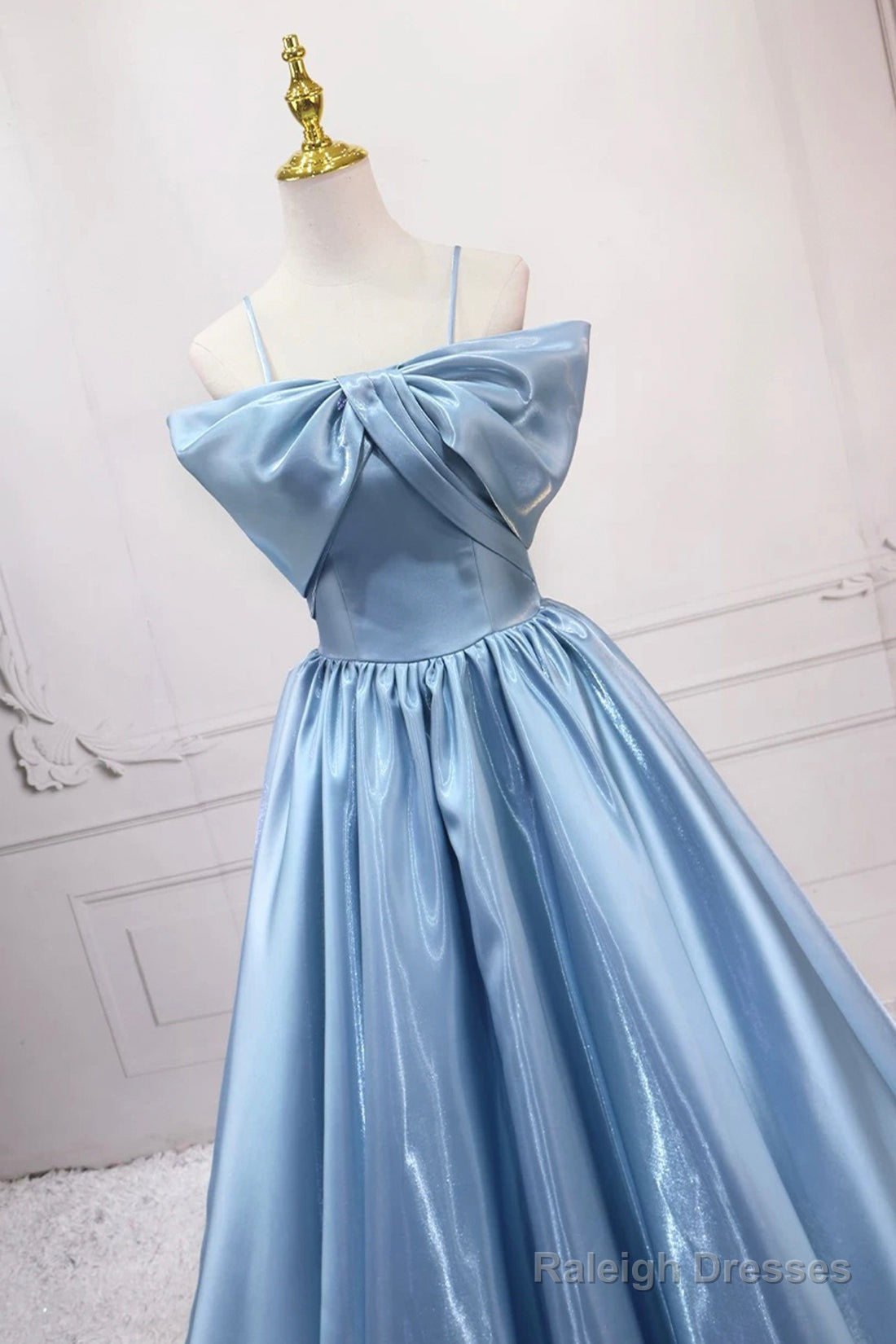 Blue Satin Long A-Line Prom Dress, Blue Spaghetti Strap Evening Party  Dress