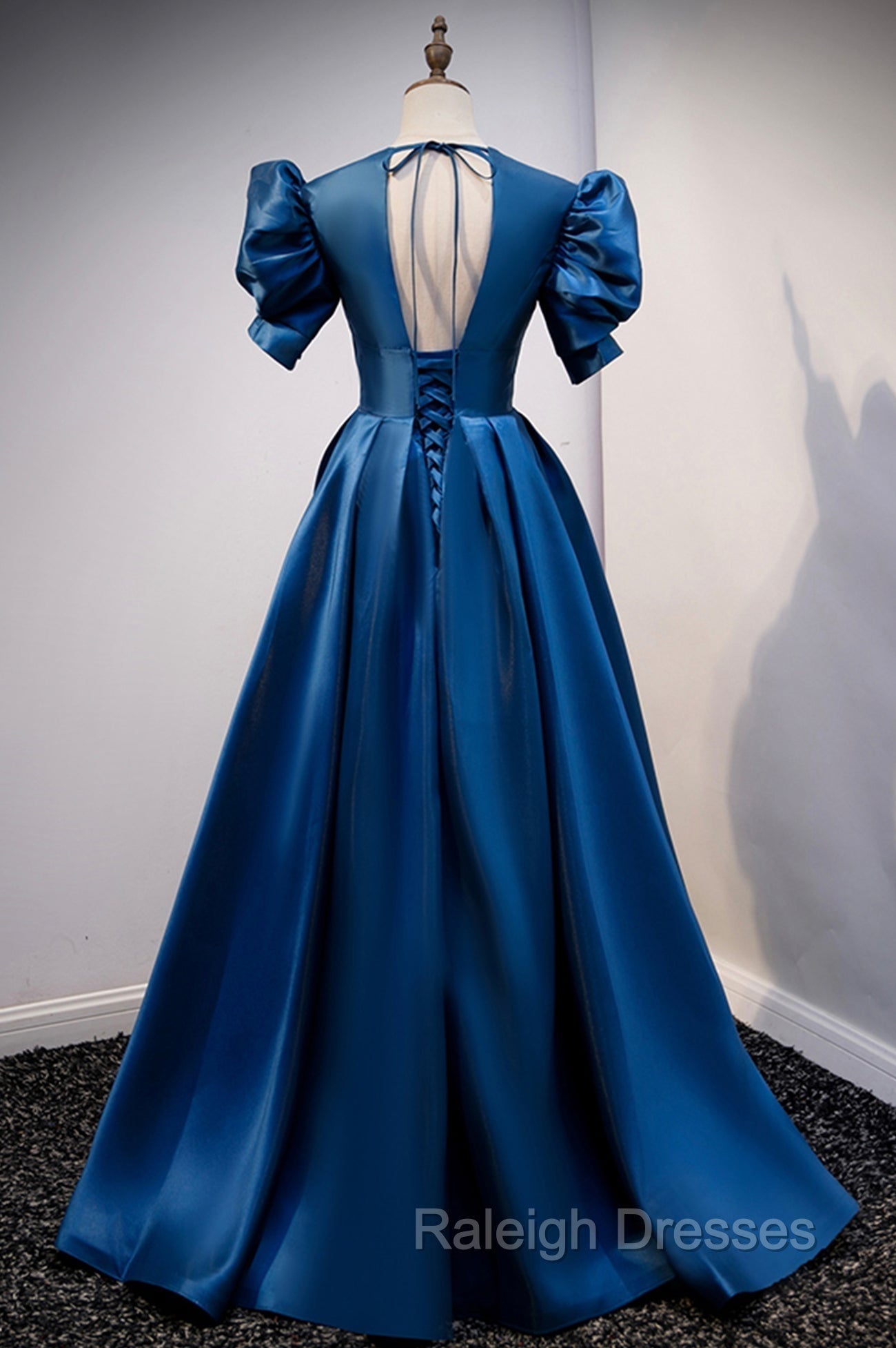 Blue Satin Long A Line Prom Dress, Elegant Short Sleeve Prom Dress Secondary image