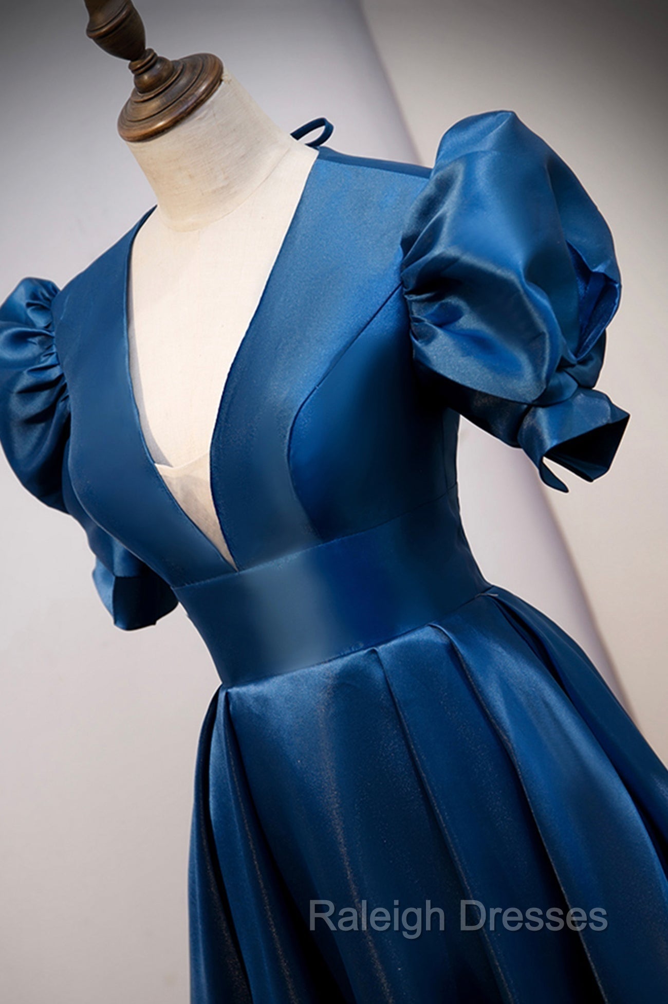 Blue Satin Long A Line Prom Dress, Elegant Short Sleeve Prom Dress