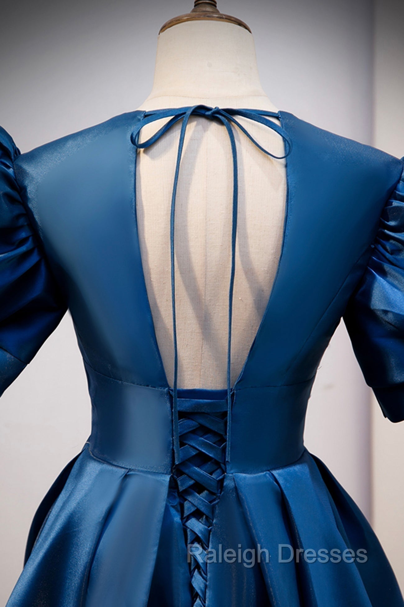 Blue Satin Long A Line Prom Dress, Elegant Short Sleeve Prom Dress