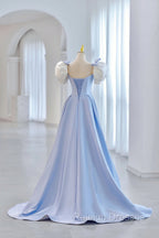 Blue Satin Long A Line Prom Dress, Lovely Short Sleeve Formal Prom Dress